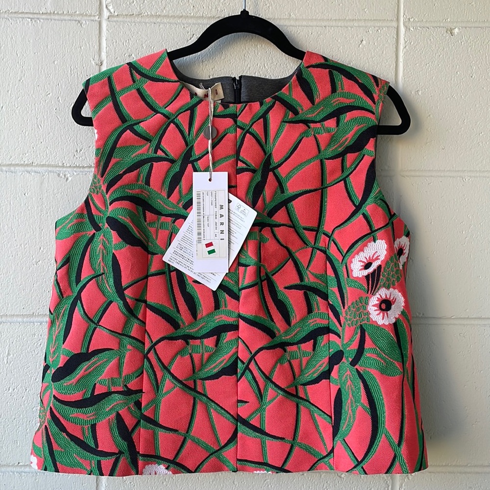 Marni Coral Pink Green Floral Jacquard Sleeveless Top